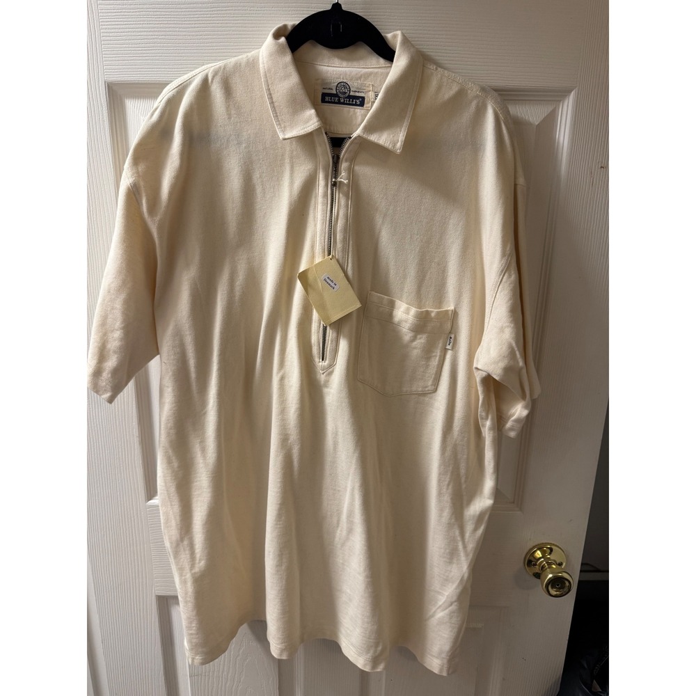 Blue Will's Natural Garments Mens XXL Cream Short Sleeve Zip Polo Shirt Pocket